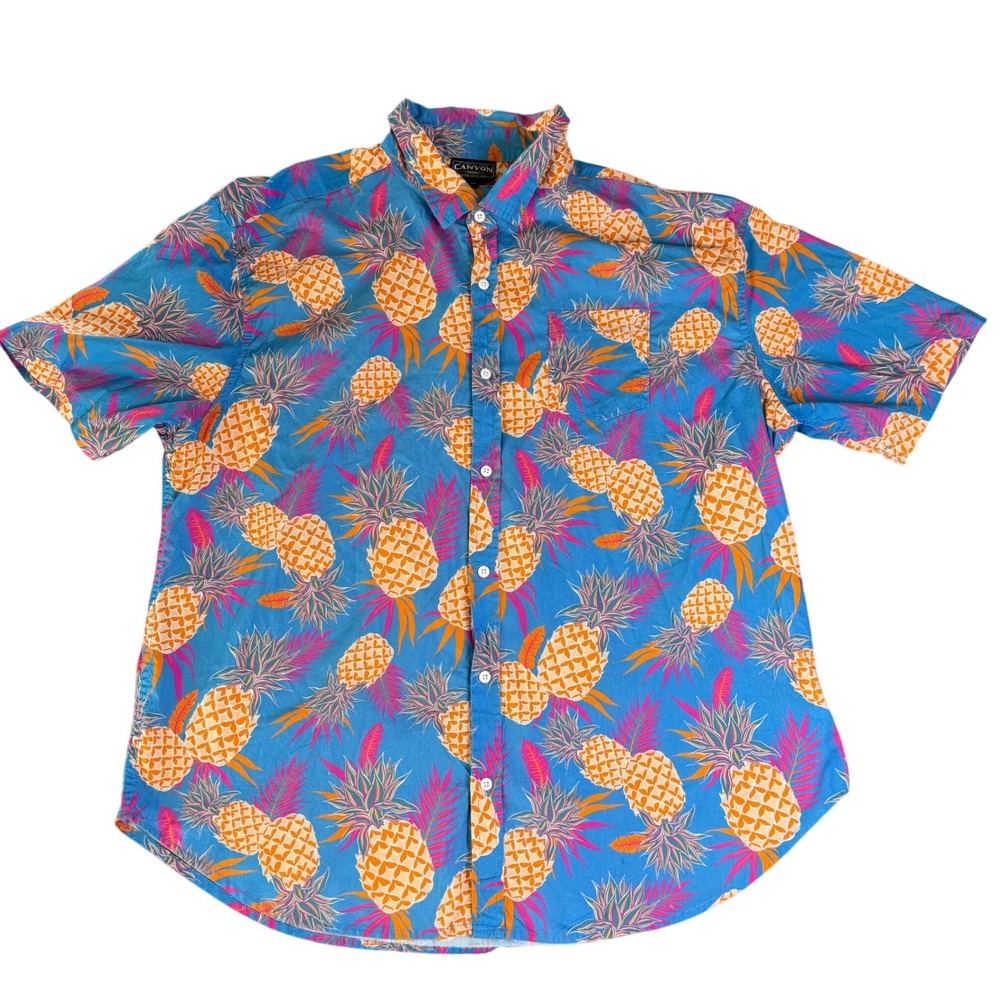 Canyon Creek Mens 2X Blue Pineapple Tropical Print Cotton Short Sleeve Shirt